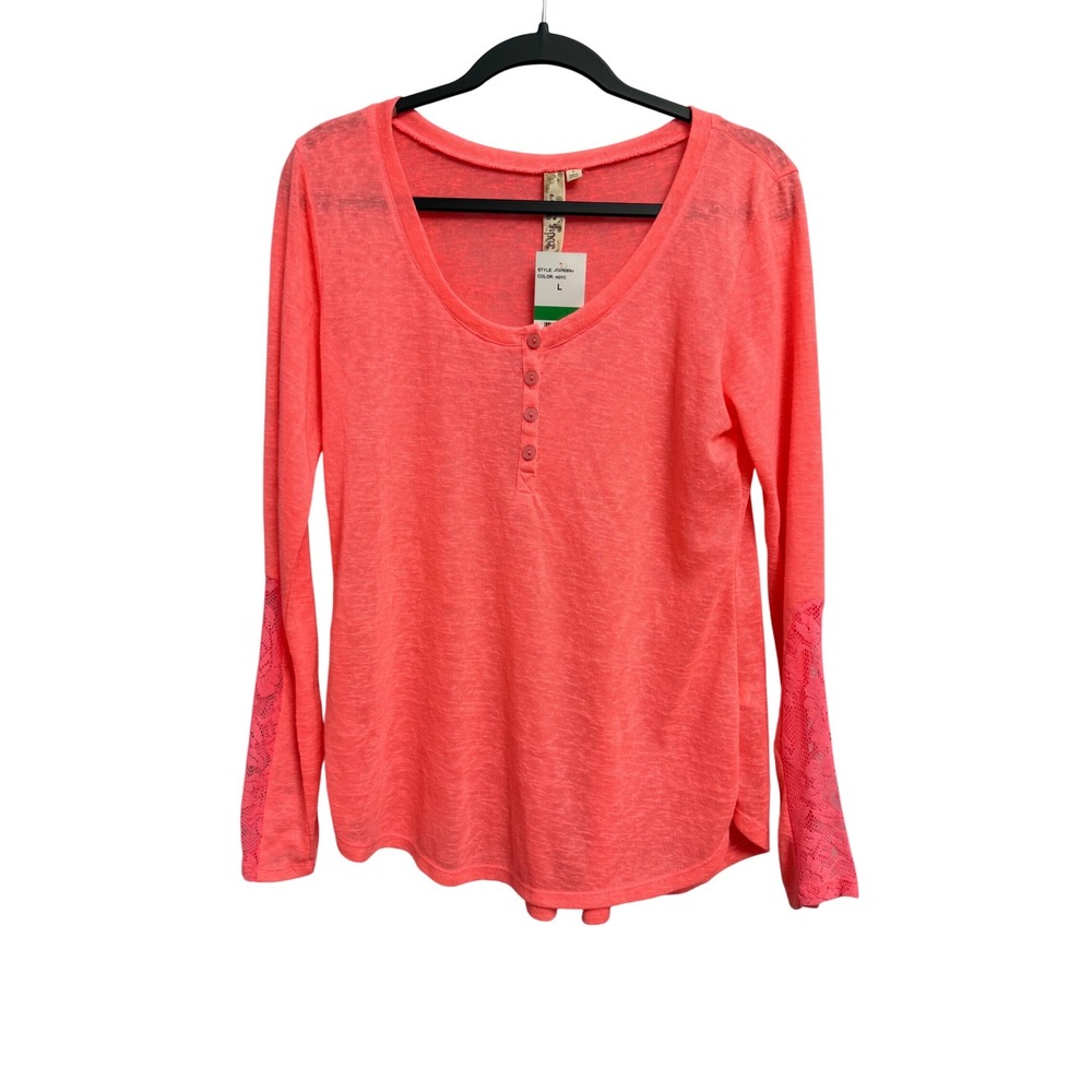 Sky Sky Neon Women's Large Coral Henley Long Sleeve Lace Accent Top Sheer